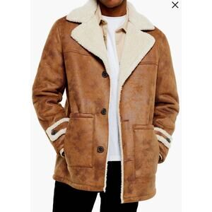 Topman Aviator Classic Fit Faux Shearling Lined Coat in brown. Size M